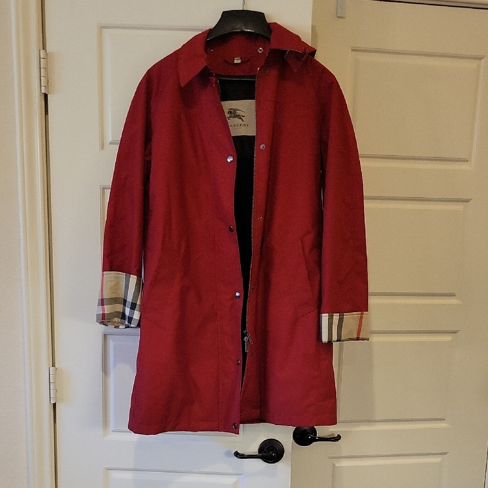 Burberry Women's Red Raincoat with Plaid Accents